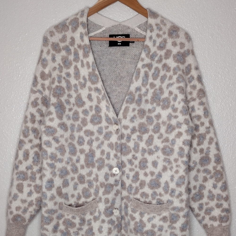 UGG RTW Alpaca Wool Blend Leopard Print Gray Cream Cardigan Sz M - Picture 3 of 13